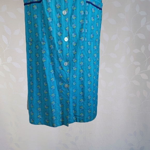 Vintage Cottagecore Floral Button Front Midi Dress Cerulean Blue Cotton V-Neck - Picture 4 of 15